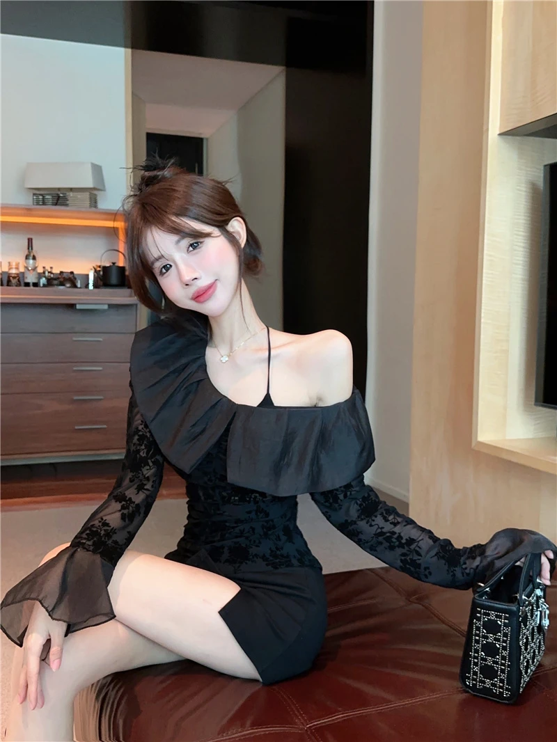 春秋新款法式荷叶边v领喇叭袖网纱拼接衬衫女设计感小众长袖上衣