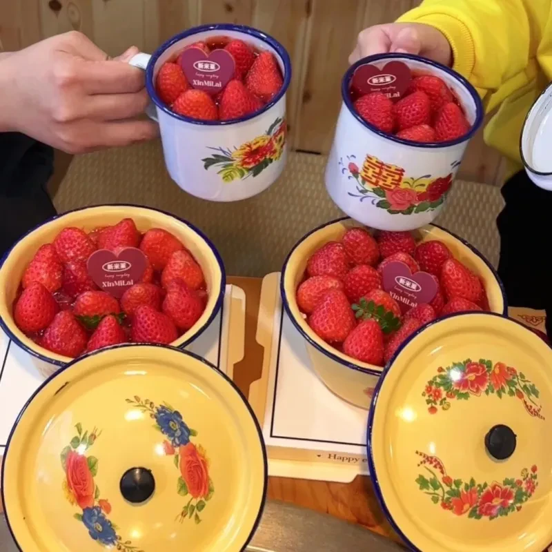 【现货速发】经典怀旧搪瓷杯子铁茶缸带盖大号办公室饭店老式双喜