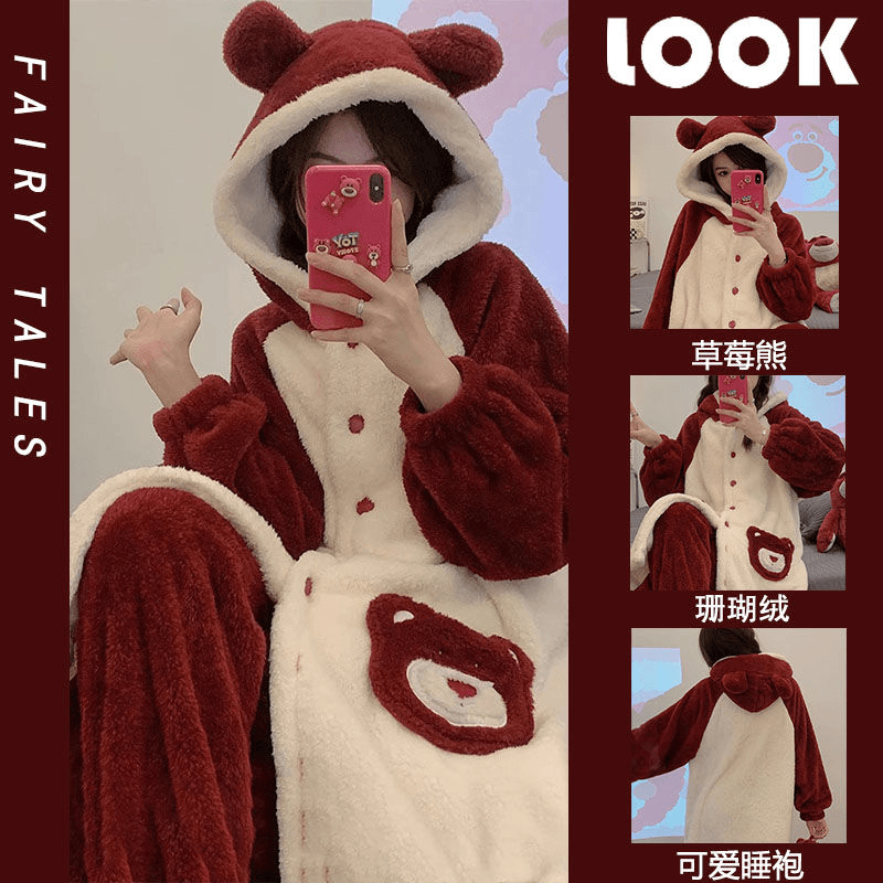 草莓熊珊瑚绒睡衣女冬季加绒加厚保暖法兰绒中长款连帽秋冬款睡袍