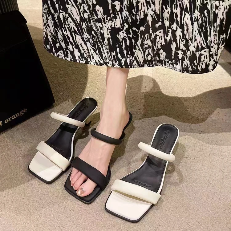 方头中跟拖鞋2023夏季新款网红性感一字带细跟外穿懒人凉拖鞋时尚