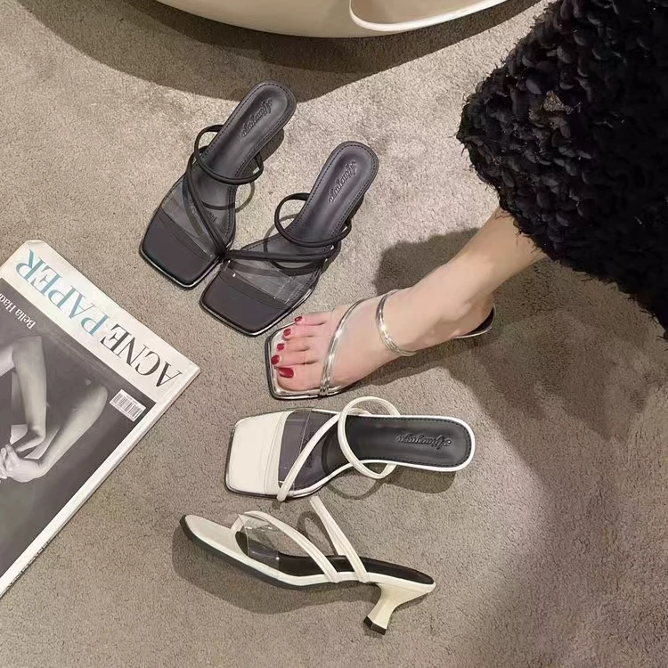 法式方头凉拖鞋女外穿2023年夏季新款时尚休闲中跟透明带一字拖鞋