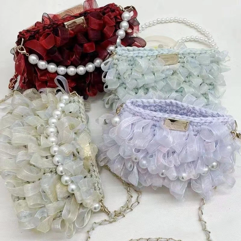 同款复古小香风丝带包单肩斜跨送闺蜜送女朋友珍珠毛线包成品定制