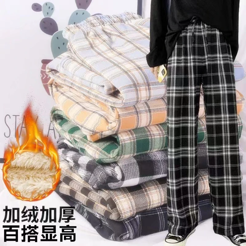 新款羊羔绒格子裤女冬款加绒加厚显瘦百搭潮流宽松高腰休闲阔腿裤