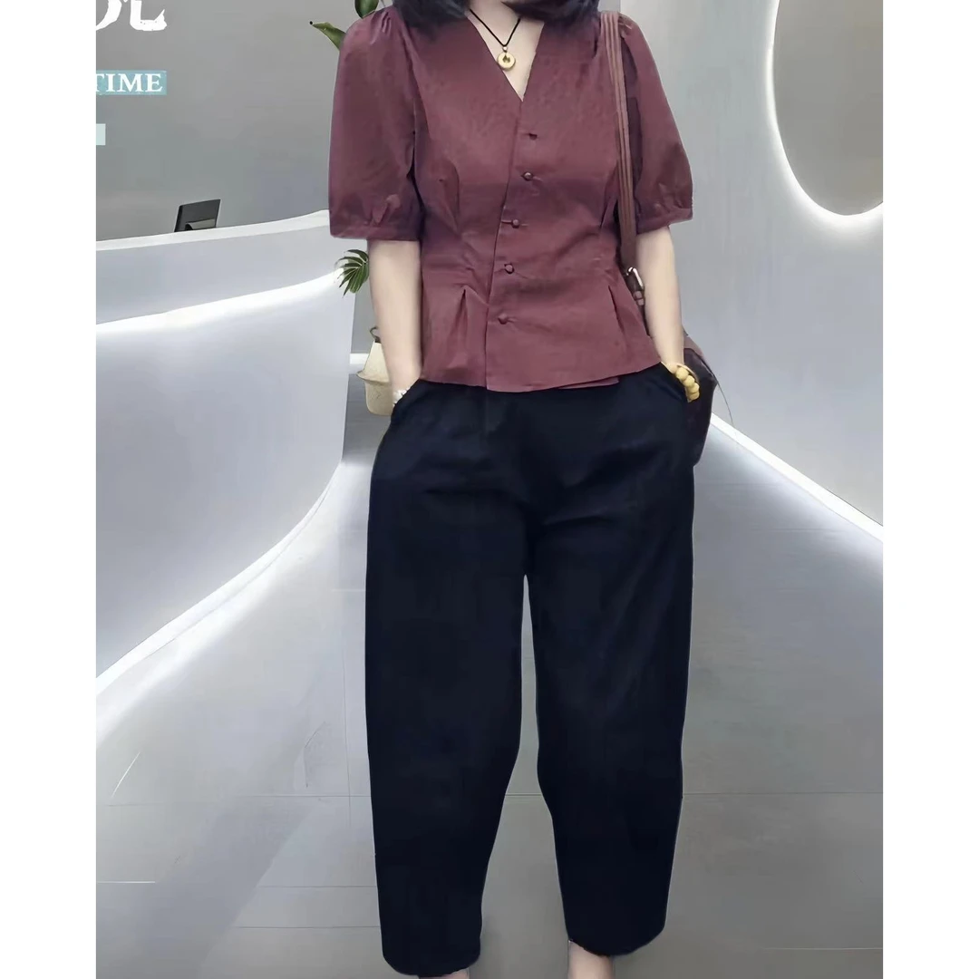 2025新款法式V领宽松大码时尚套装女夏季洋气显瘦气质百搭款纯色