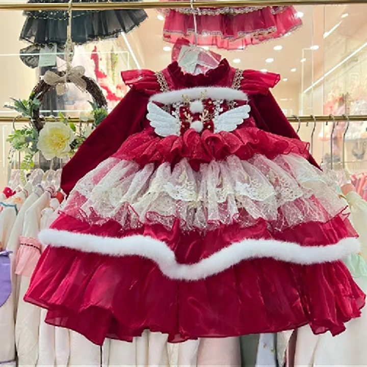 连衣裙裙子女童公主裙红色日常洋装儿童宫廷少女重工优雅华丽