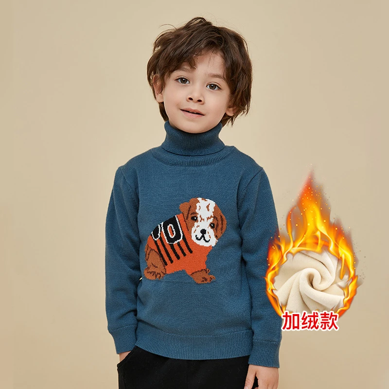 男童加绒毛衣秋冬款儿童线衣双层加厚小童宝宝高领打底衫针织衫