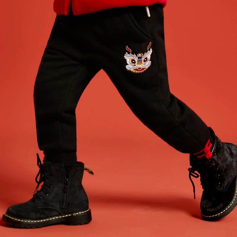 【醒狮加绒裤】男童加绒裤子儿童保暖裤冬季加厚卫裤新年装休闲裤