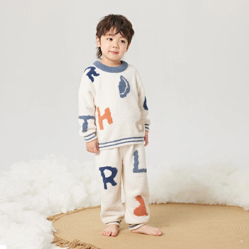 儿童睡衣男童家居服秋冬款男孩软绵绵居家服中大童半边绒套装洋气