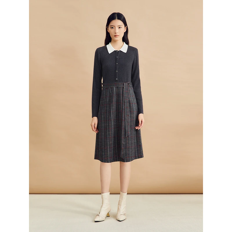 YINER音儿冬季新款复古气质显瘦拼接收腰连衣裙8C64506296