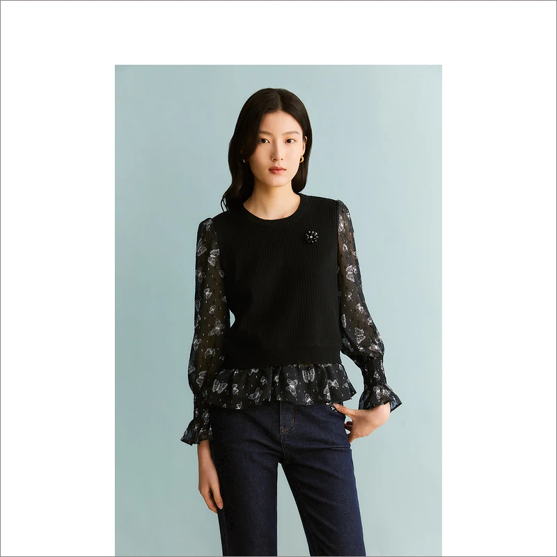 YINER音儿女装秋季新款气质时尚拼接设计感毛针织衫8C63306386