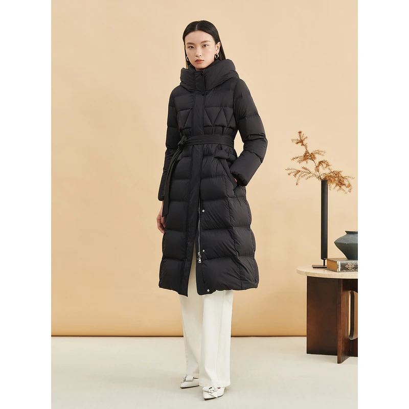 【聚暖白鹅绒】YINER音儿冬季设计感长款收腰连帽羽绒服8C64308156
