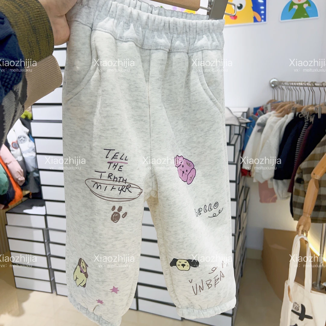 加绒加厚男童裤子冬款韩版小童百搭长裤卫裤印花宝宝休闲裤 H406