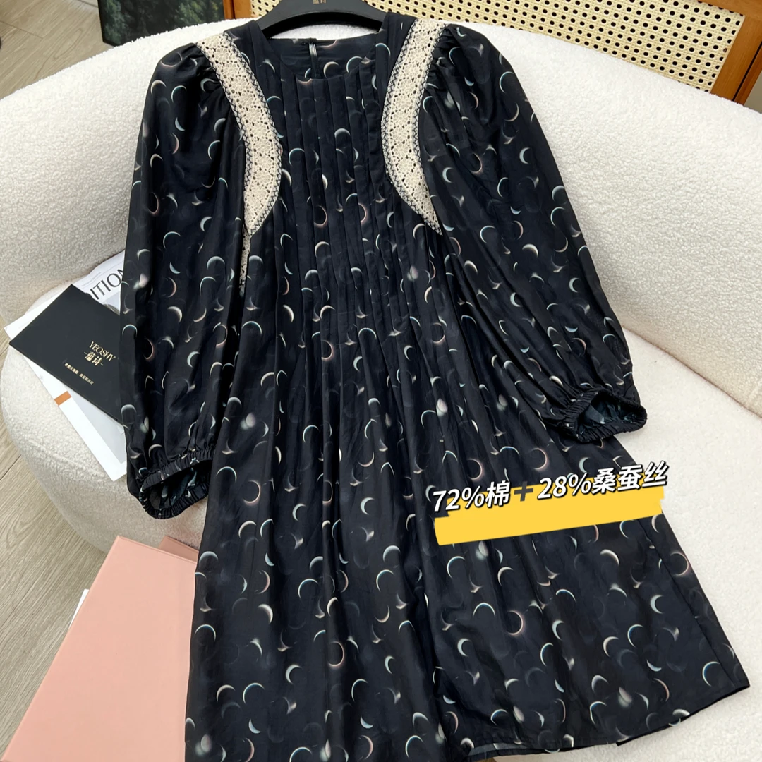 【月牙弯弯】连衣裙2024春女法式复古印花蕾丝拼接短裙气质公主