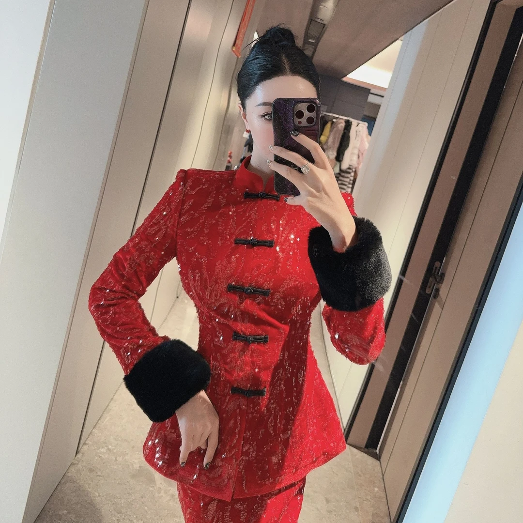 DUOMI【红色吉祥】红色满身亮片印花黑毛袖盘扣上衣半裙套装TZ13062