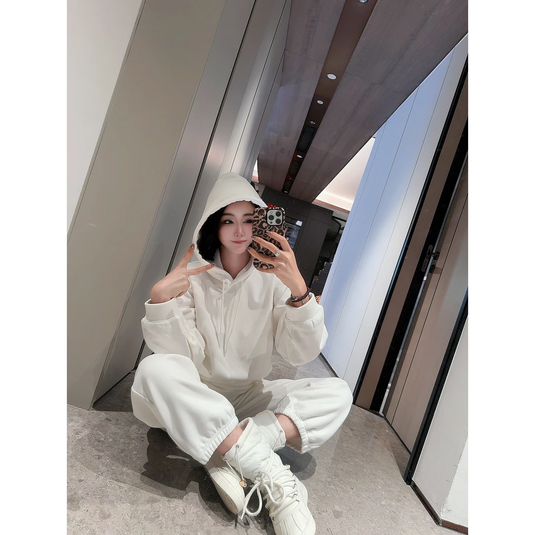 DUOMI【可爱流心】白杏两色净版抽绳连帽卫衣阔腿裤套装