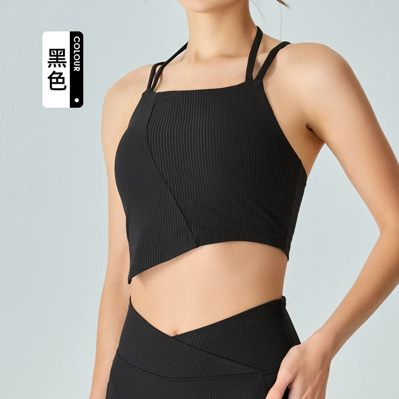 401-500挂脖双肩带瑜伽背心固定杯不规则性感辣妹美背瑜伽服上衣