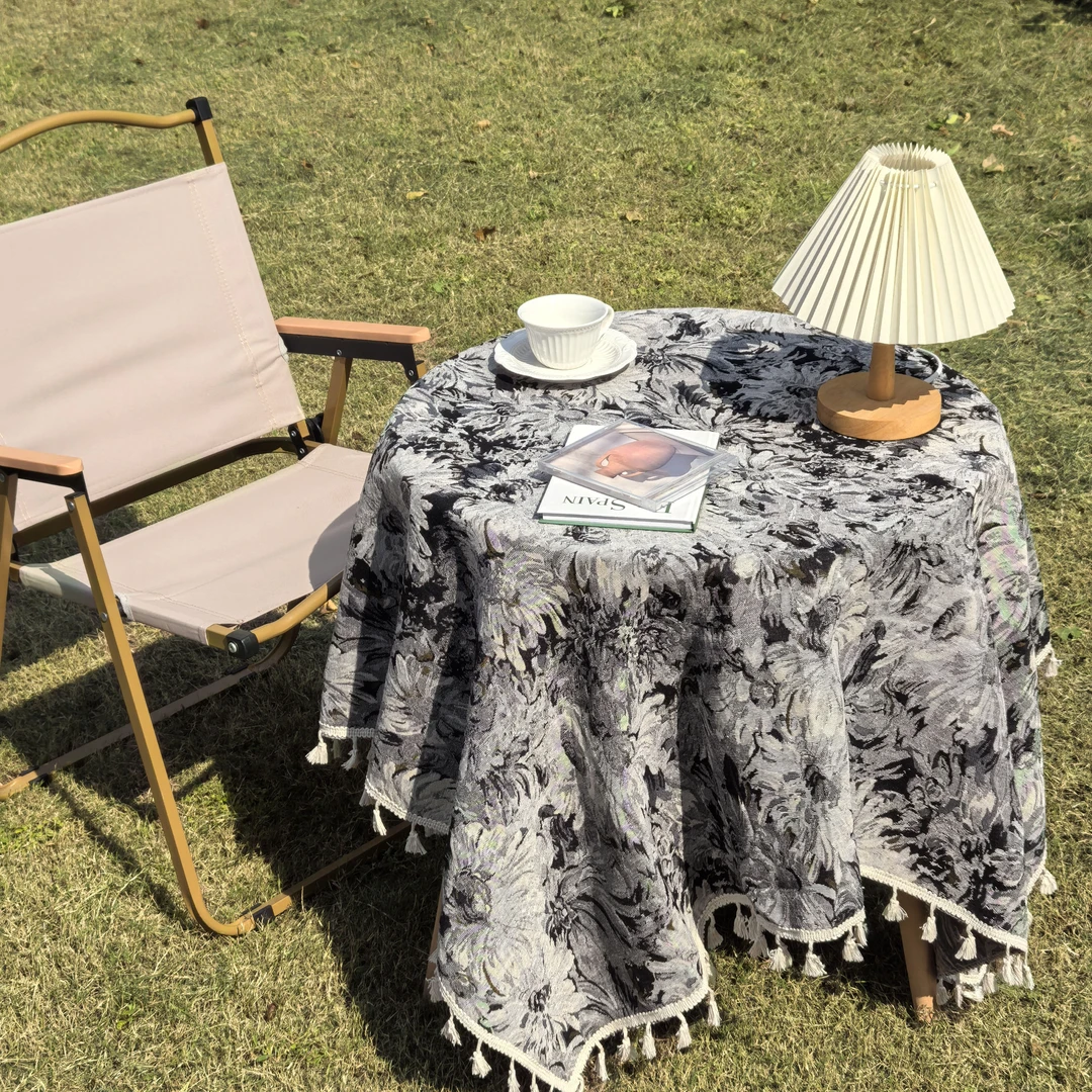 法式复古莫奈花园圆桌布装饰布ins棉麻油画餐桌布户外婚礼拍照