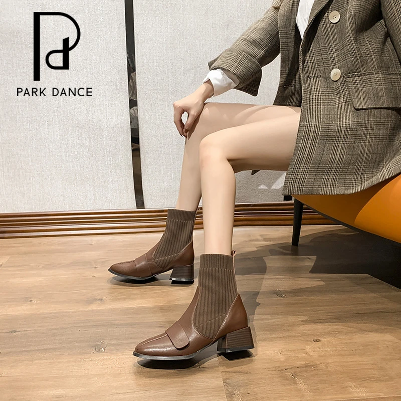 parkdanc/帕可丹丝秋冬粗跟皮料瘦瘦靴高跟女靴百搭袜靴秀气女鞋