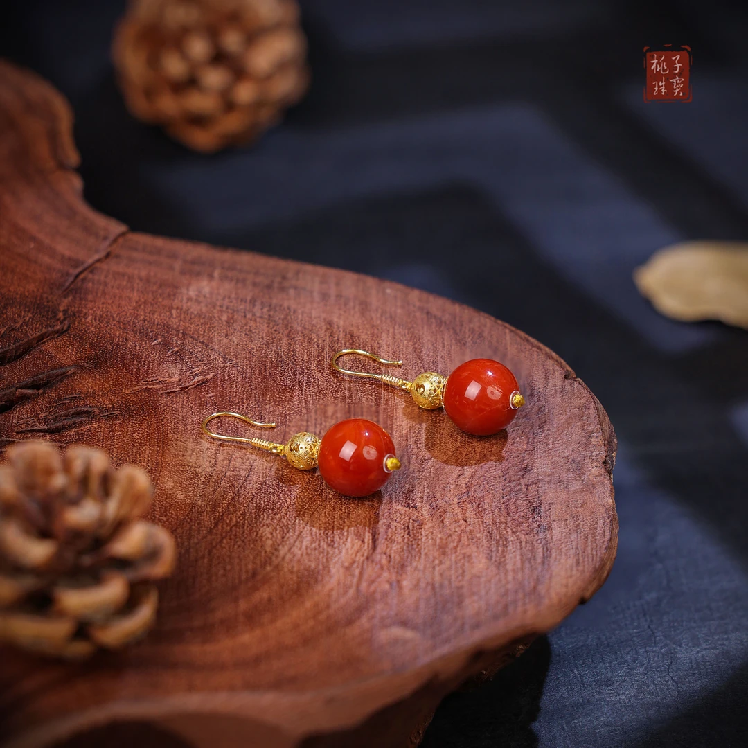 【桃总推荐】18K金瓦西牛血红南红12mm圆珠耳坠@@ZY30401039