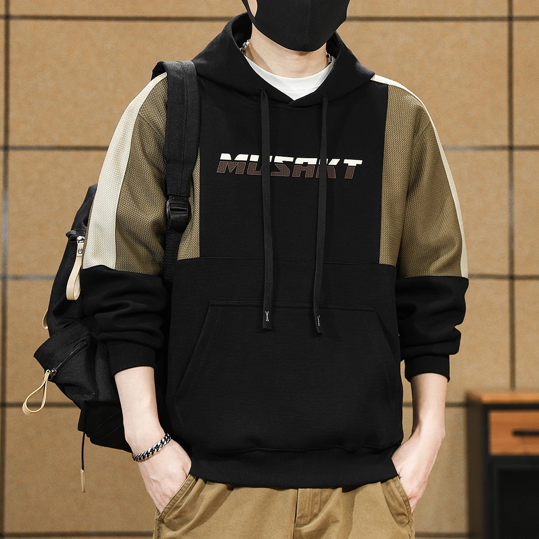 美式高端重磅360g撞色拼接卫衣男秋季新款连帽上衣宽松休闲外套男
