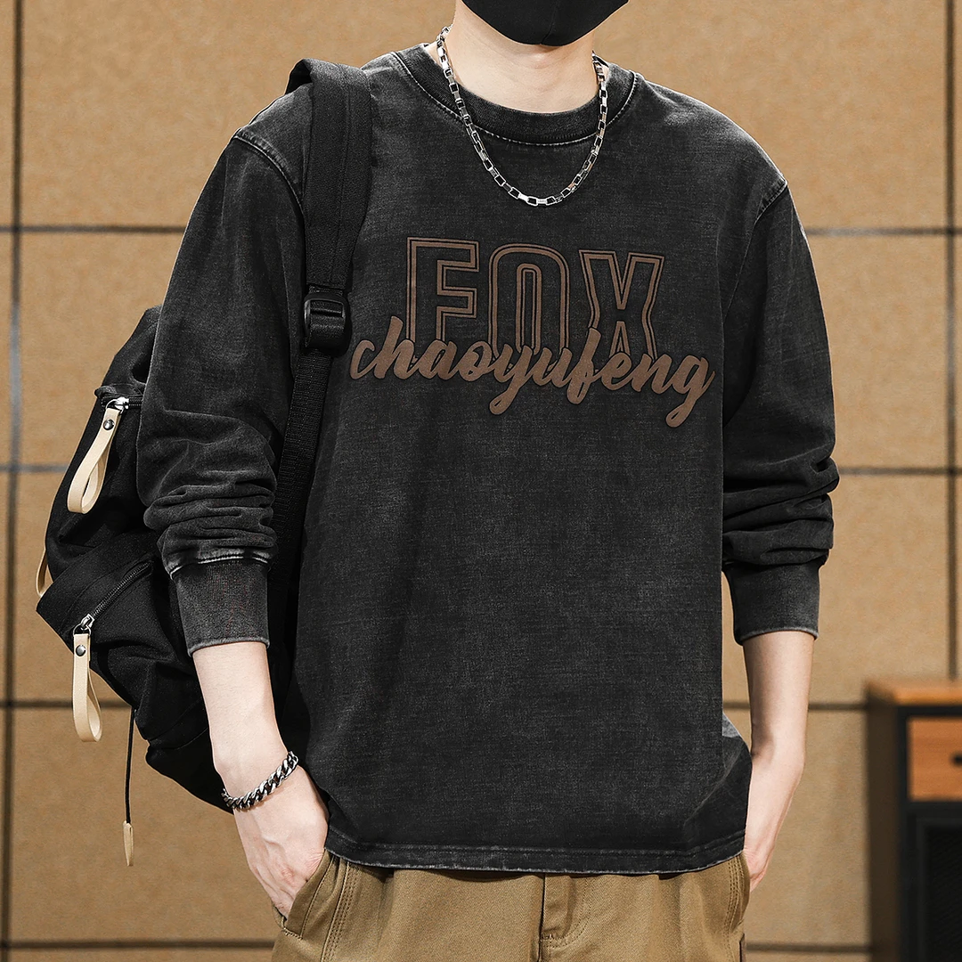 重磅330克洗水做旧美式复古圆领长袖T恤男士春秋季打底衫秋装卫衣