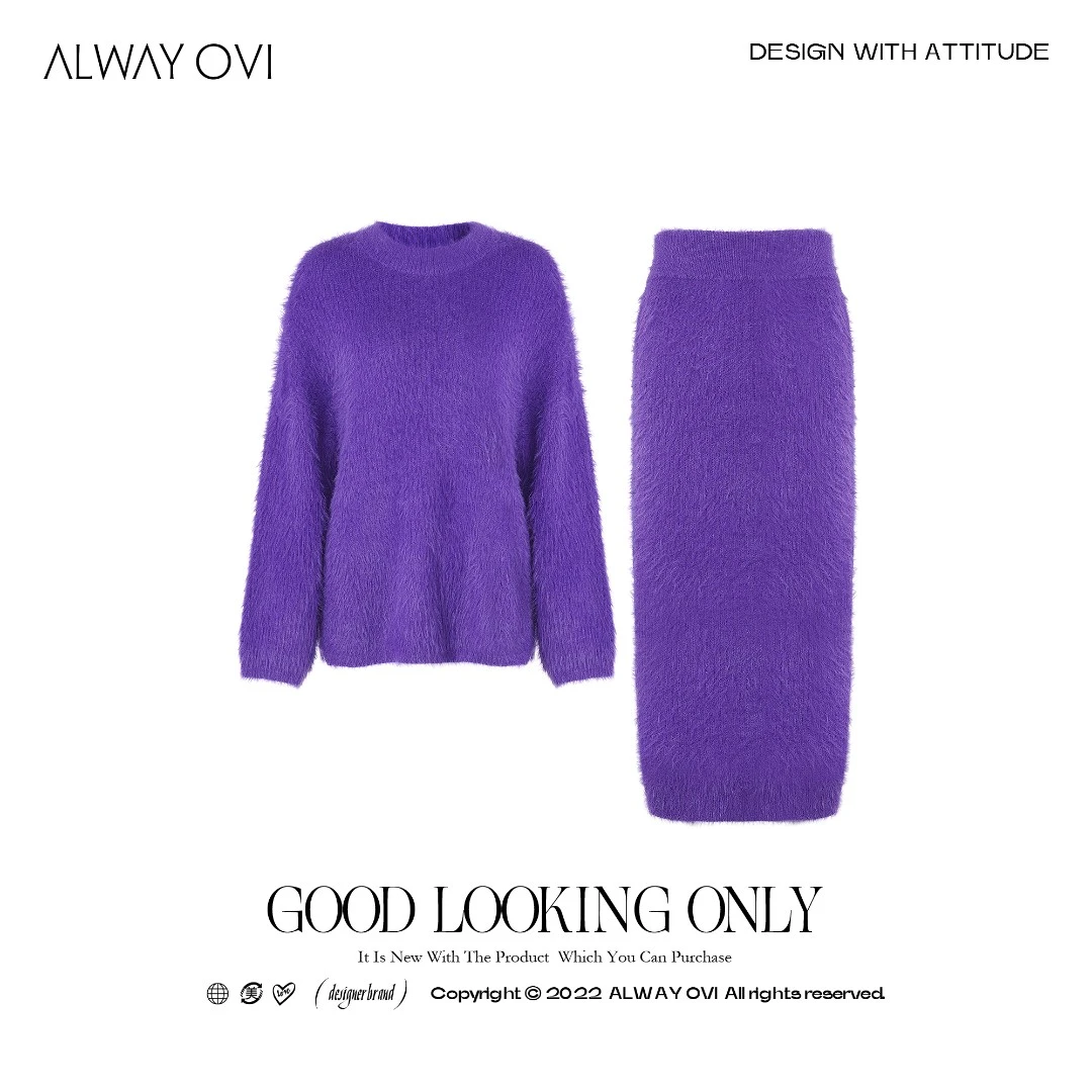 【ALWAY OVI】圆领宽松上衣A字半身长裙毛绒针织套装