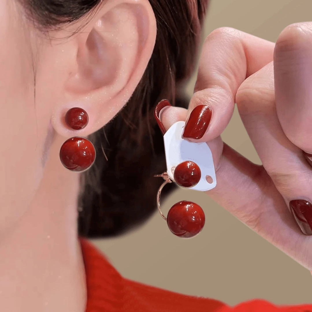 铜合金耳饰 小众个性红色珠珠一款两戴耳环法式轻奢气质耳饰品
