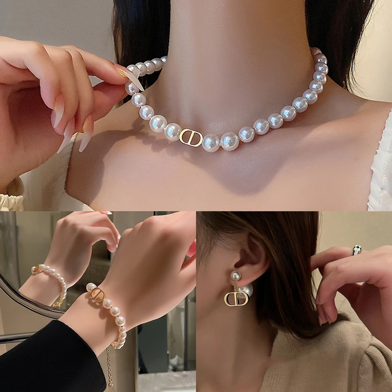 （项链三件套）D字母气质仿珍珠项链手链耳环组合