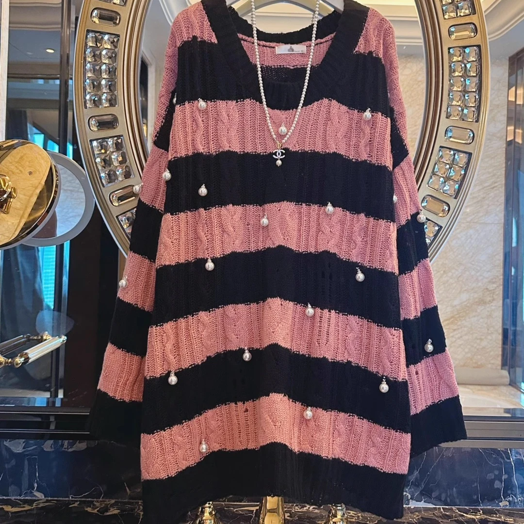 Kiki家名媛小香风重工钉珠麻花毛衣2023秋冬新大码女装胖mm长毛衫