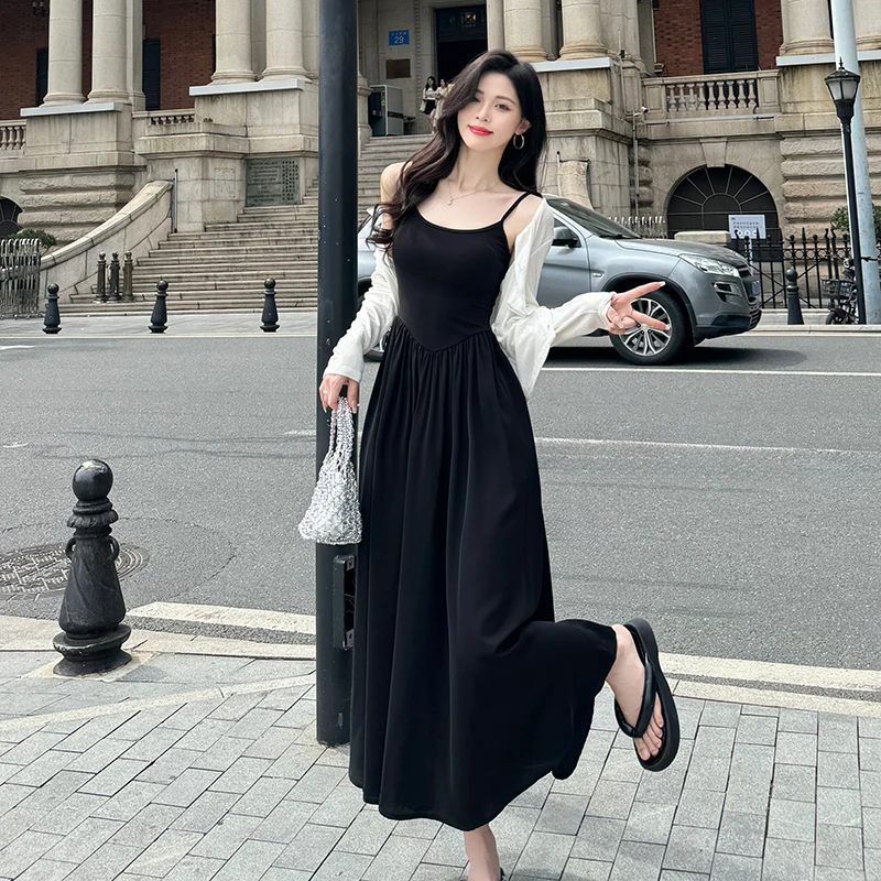 黑色莫代棉拼雪纺吊带连衣裙女2025春夏季法式收腰显瘦a字长裙子