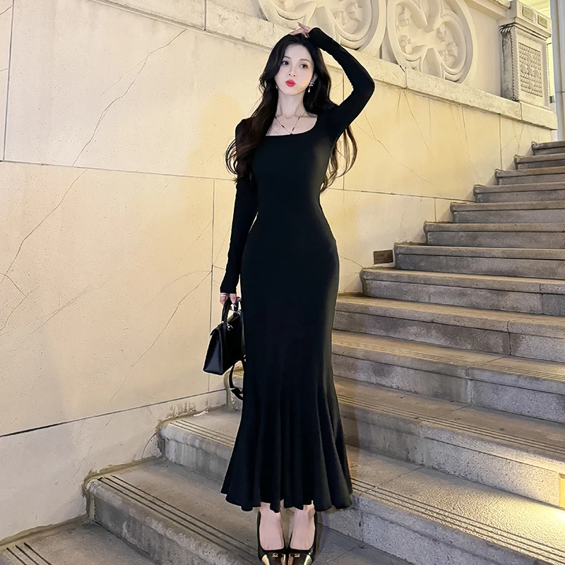 步步生莲长袖鱼尾连衣裙女2025春季新款法式气质收腰显瘦打底长裙