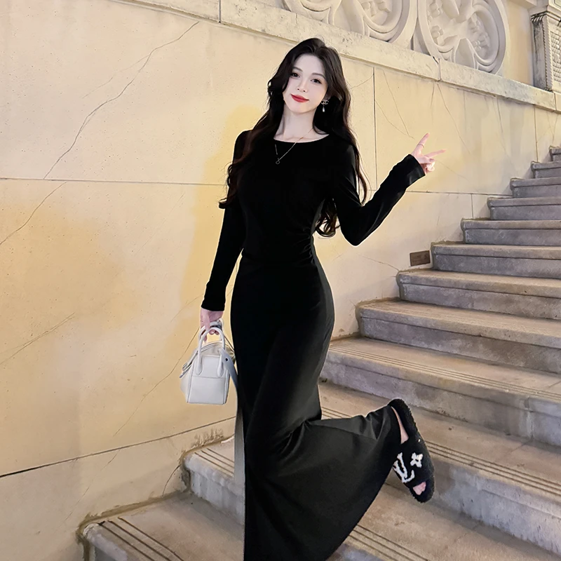 法式长袖黑色莫代棉连衣裙女2025春季收腰显瘦垂坠感长裙过膝裙子