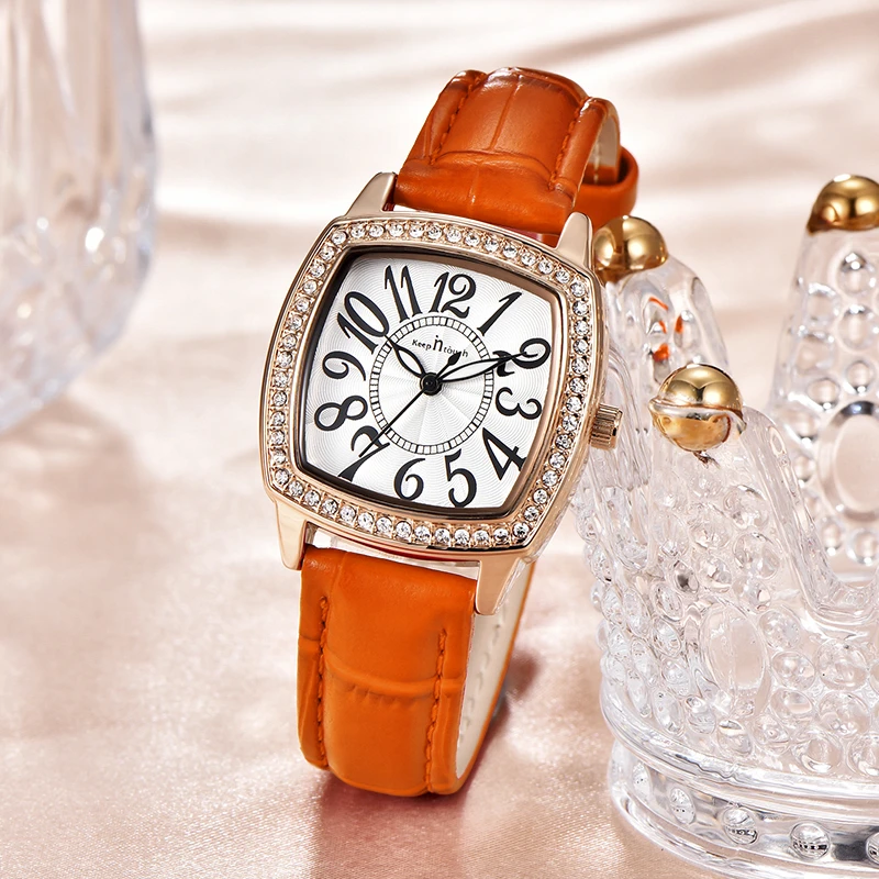 新款方形时尚简约镶钻女士防水手表数字面百搭石英腕表8442