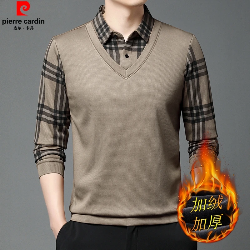 皮尔卡丹男士衬衫领加绒加厚假两件POLO衫冬季新款针织打底衫上衣