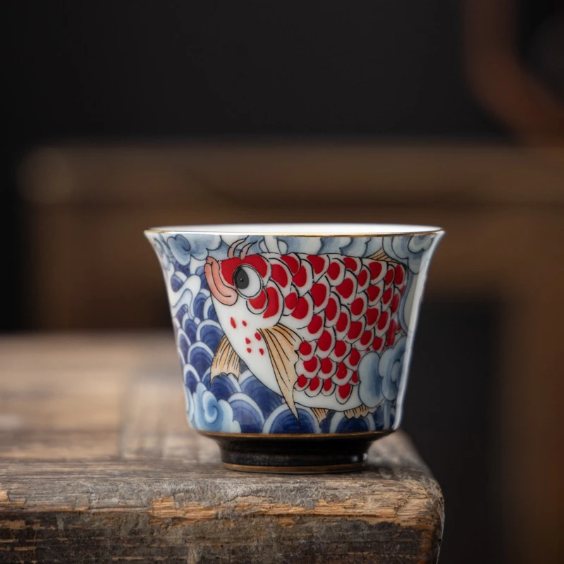 伴手礼复古青花龙鱼现代主人杯单杯高档现代泡茶碗喝茶功夫茶具