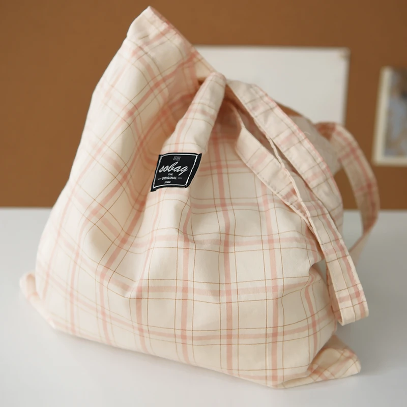 SoBag粉色小清新格纹棉手提单肩包女格子环保袋大容量通勤布袋