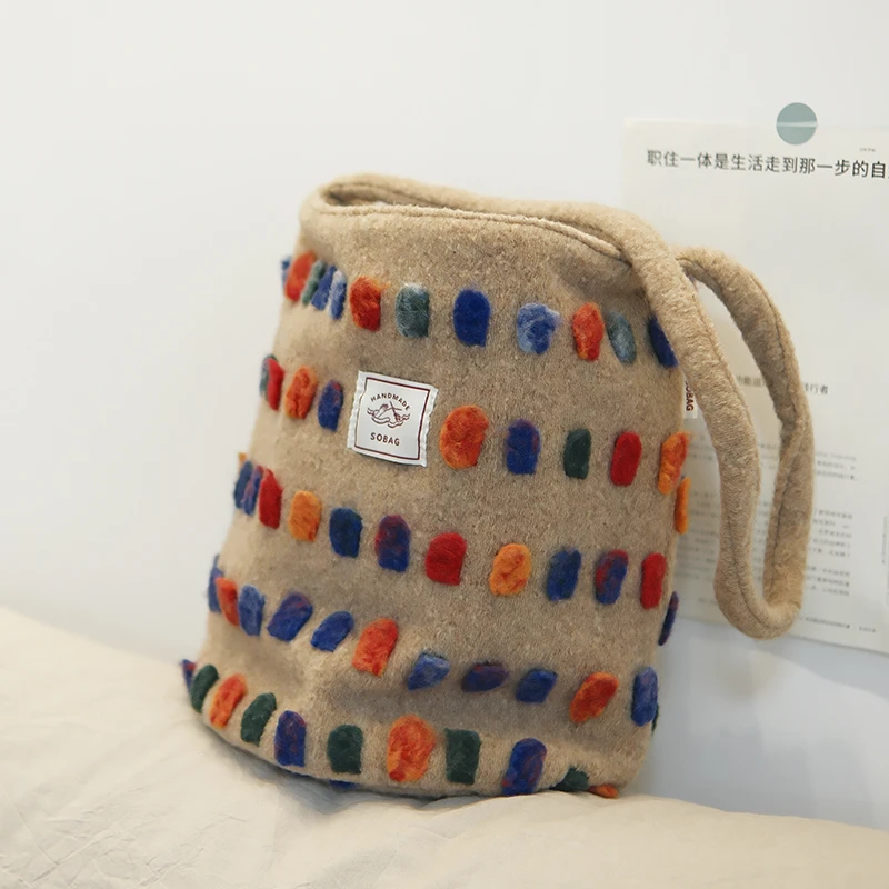 SoBag秋冬日系休闲毛呢水桶布包女小众文艺彩色波点单肩手拎包