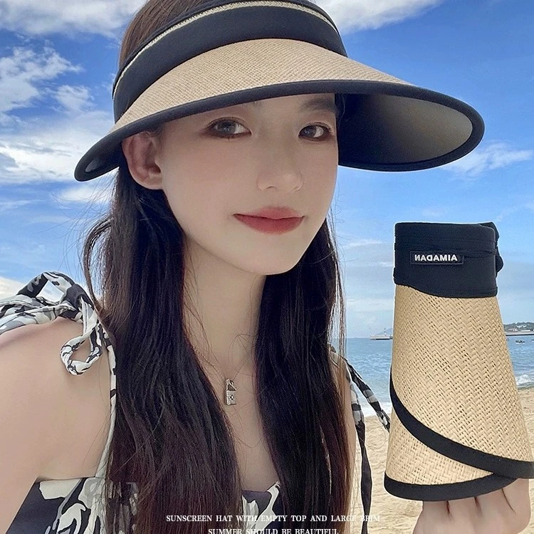遮阳帽女夏季可折叠防紫外线大檐空顶太阳帽防晒帽女款黑胶空顶帽