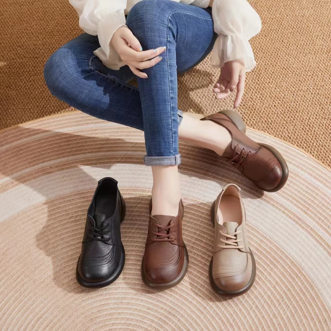 秋季新款复古休闲真皮牛皮女鞋休闲软底软面时尚百搭乐福鞋23666