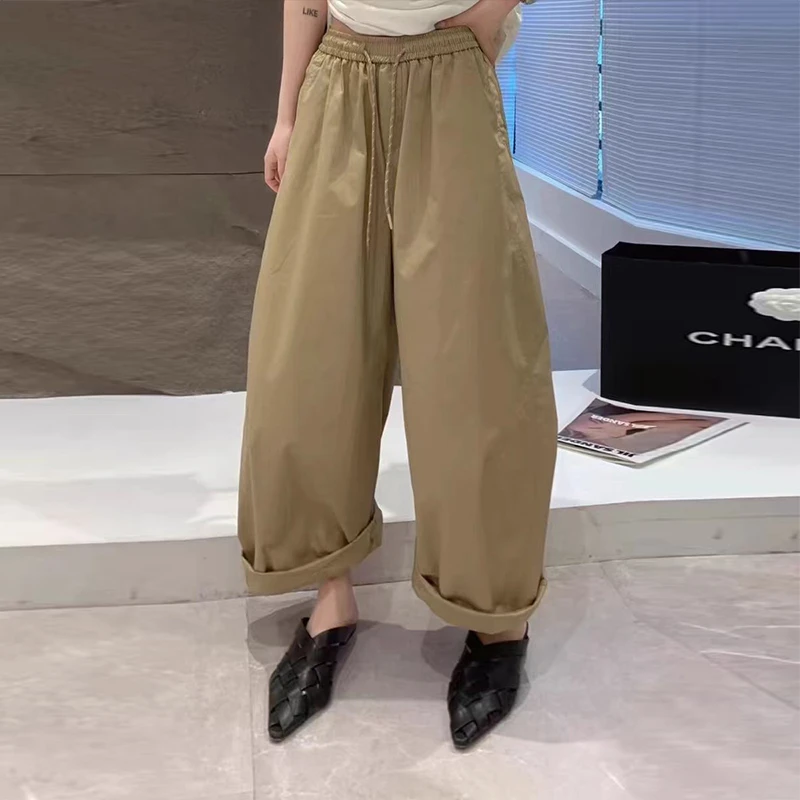 2025夏季欧货极简松紧腰高腰抽绳慵懒休闲速干裤薄款工装气球裤