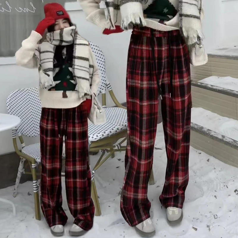 加绒加厚毛呢格子裤女秋冬新款高腰显瘦百搭直筒阔腿裤休闲拖地裤