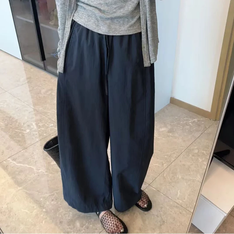 韩版百搭休闲阔腿裤女夏季宽松薄款时尚纸皮裤高腰松紧腰气球裤