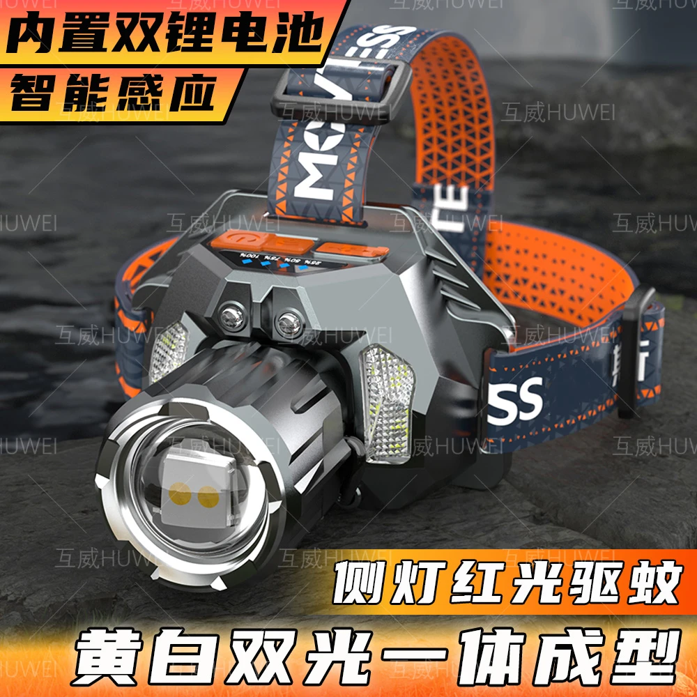 【多芯一体】智能感应强光远射照明头灯红白黄蓝多光源变焦手电筒