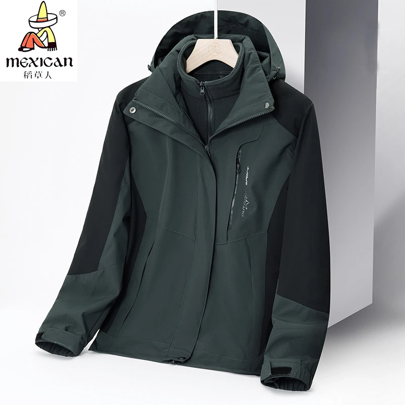 Mexican/稻草人户外套冲锋衣三合一防风防水两件套加绒加厚可拆卸