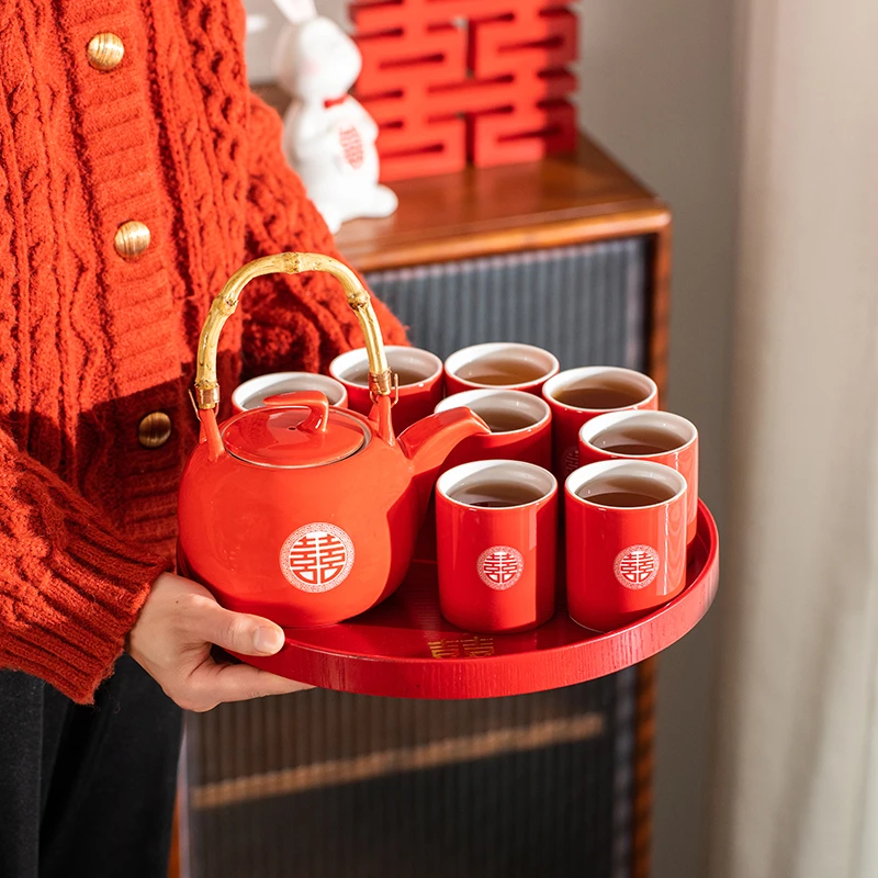 结婚茶壶套装新婚陪嫁用品大全陶瓷婚用茶具提梁壶红色茶杯家用壶