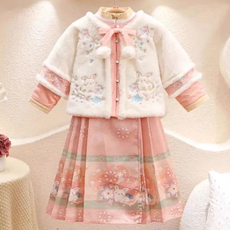 甜甜圈儿汉服女童冬季加棉加厚儿童2024新款古风古装中国唐装女宝