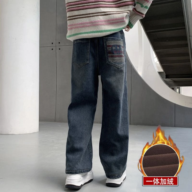 甜甜圈儿女童加绒牛仔裤一体绒加厚冬季中大童2024新款宽松直筒阔
