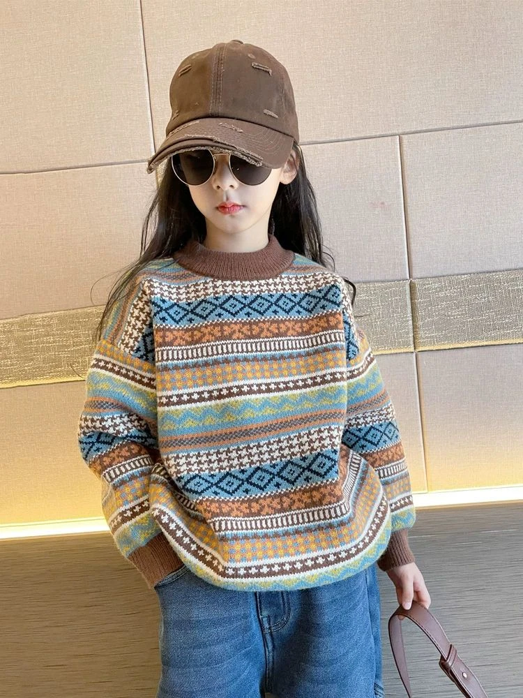 甜甜圈儿女童毛衣秋冬2024新款洋气儿童针织衫中大童加绒加厚复古