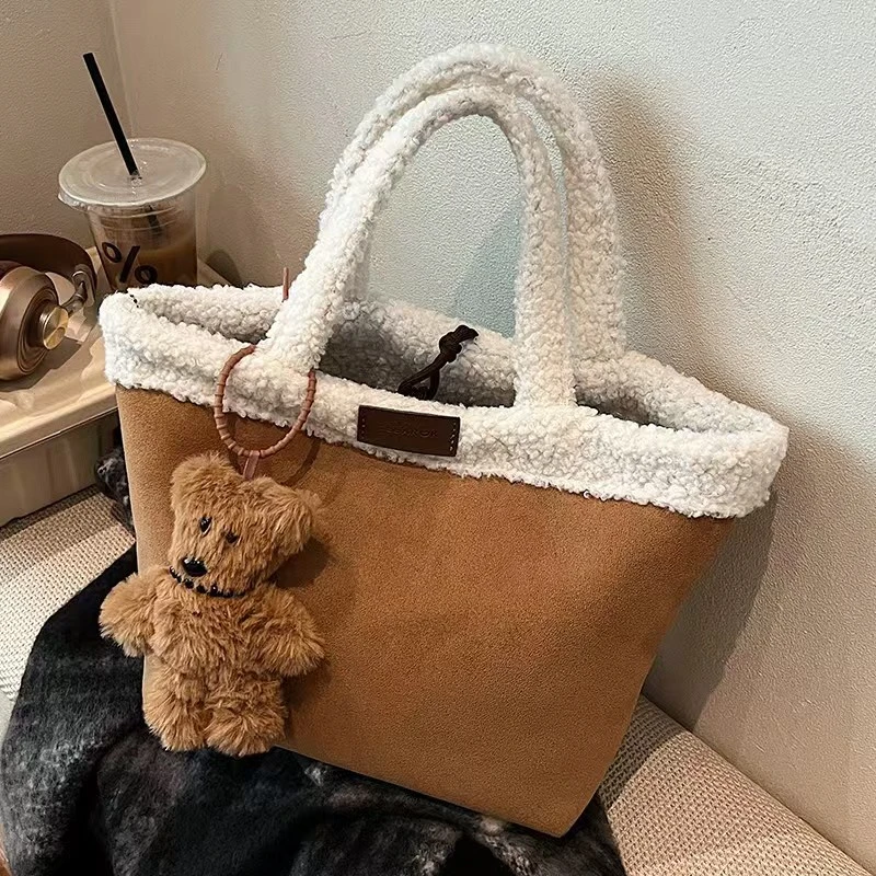 韩国毛绒托特包双面背仿羊羔毛手提包菜篮子毛茸茸手拎水桶包女包