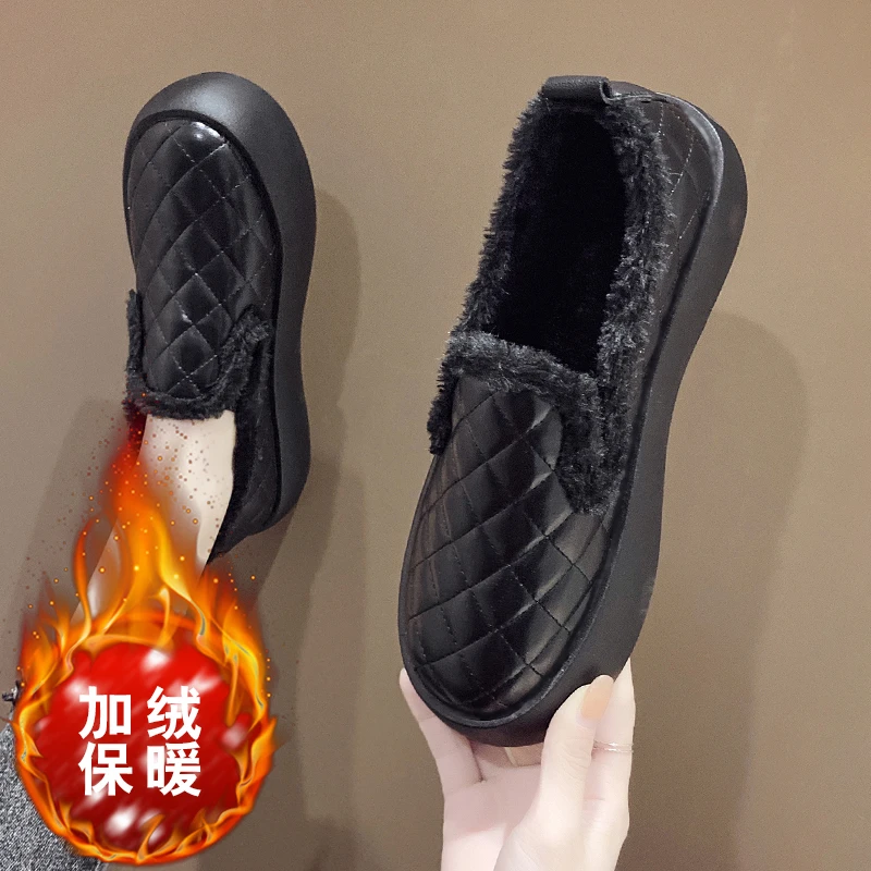 老北京棉鞋女一脚蹬懒人鞋冬季加绒乐福鞋厚底皮面防水孕妇鞋防滑